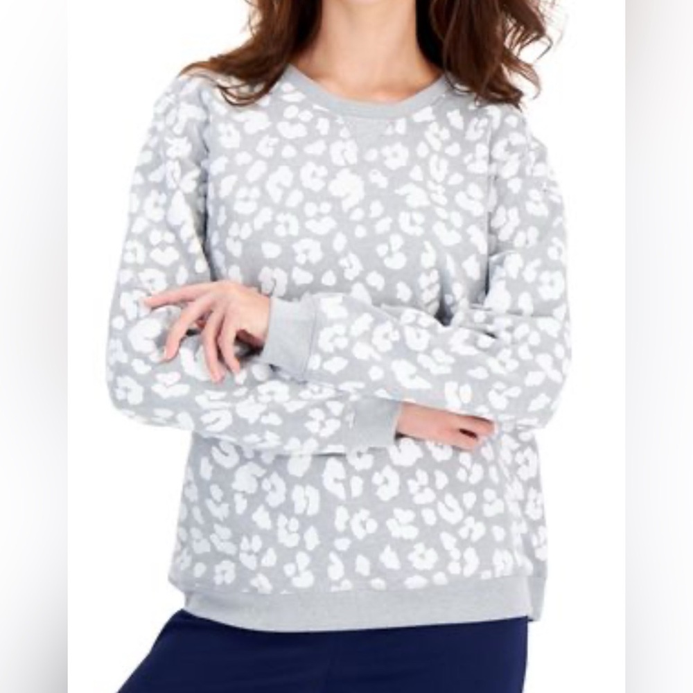🆕 Karen Scott Sport XL Smoke Grey Heather Animal Print Crewneck Sweater NWT